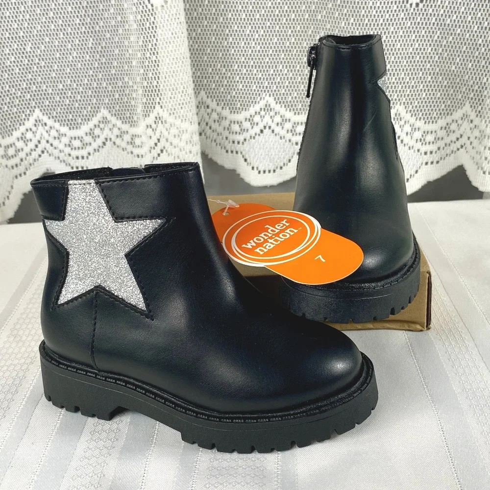 NWT Size 7 Wonder Nation Toddler Girls Black Glitter Star Chelsea Boots Side Zip